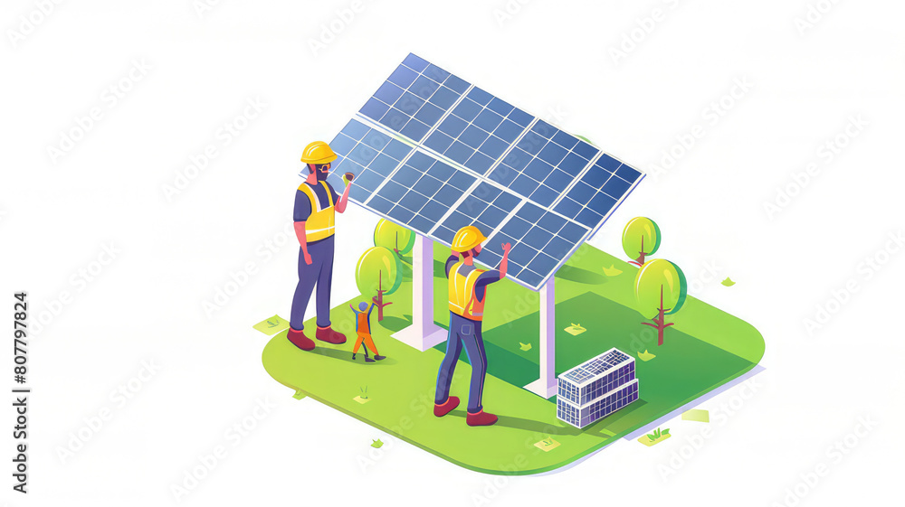 Workers assemble energy system with solar panel for electricity Workers assemble energy system with solar panel for electricity