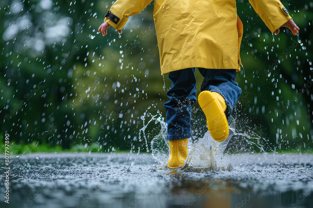 Fototapeta premium Close up Child in rubber boots and yellow raincoat jumping in puddle