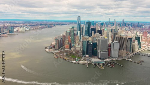 New york city skyline from helicopter manhattan financial district