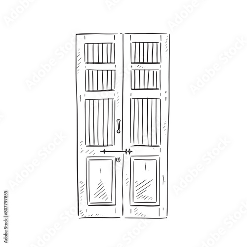 A line drawn illustration of a rustic Moroccan door in a black and white sketch style. Vectorised for a variety of uses.