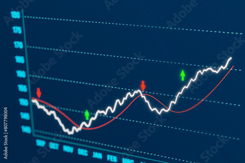 Stock market rally, chart moving up. Red and green arrows, up and down, partly blurred. Business, investment, trading, financial market. 3D illustration
