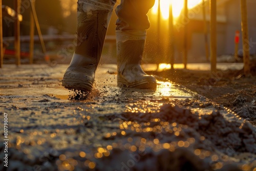 A person is walking in the mud with their boots on