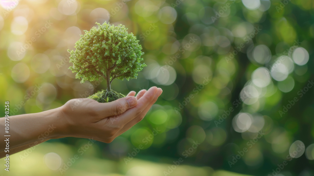 Hand human holding green earth  tree  ESG