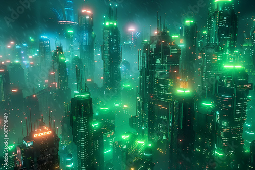 Cyberpunk Metropolis with Green and Blue Neon lights. Night scene with Advanced Architecture  3D illustration