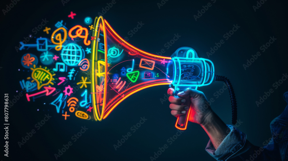 Vibrant neon megaphone with various marketing buzzwords, social media Concept Marketing Trends