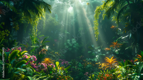 A lush  dense tropical rainforest bathed in ethereal sunlight  creating a serene and mystical atmosphere.