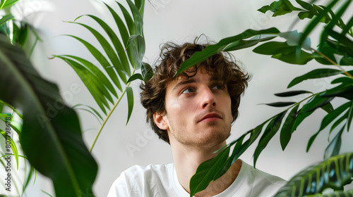 24 year old model man, with a white tee, sititing in a room with plants