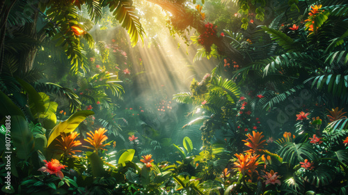 Lush greenery and vibrant flowers under sun rays in a dense tropical rainforest  evoking tranquility and nature s beauty.