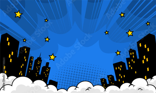 Blue comic scene background with city silhouette