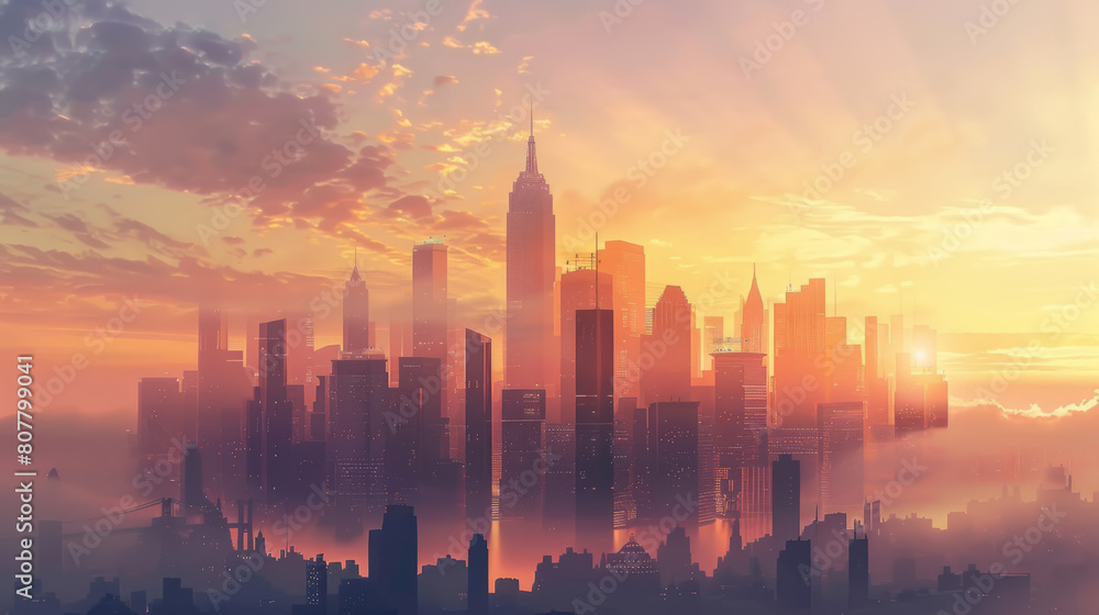 The image captures the tranquil beauty of a city awakening to the dawn of a new day, with the soft glow of morning light suffusing the skyline with warmth and radiance. 