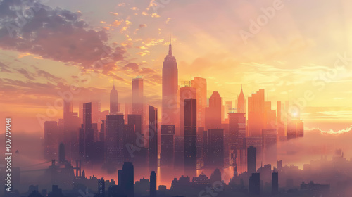 The image captures the tranquil beauty of a city awakening to the dawn of a new day, with the soft glow of morning light suffusing the skyline with warmth and radiance.  photo