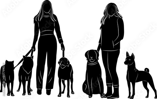 women and dogs silhouette on white background vector