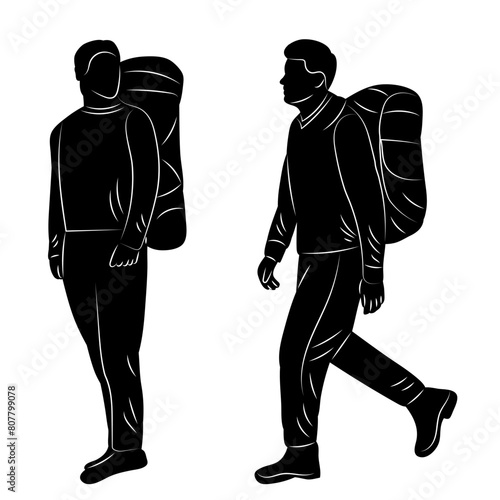 men walking with backpacks silhouette on white background vector