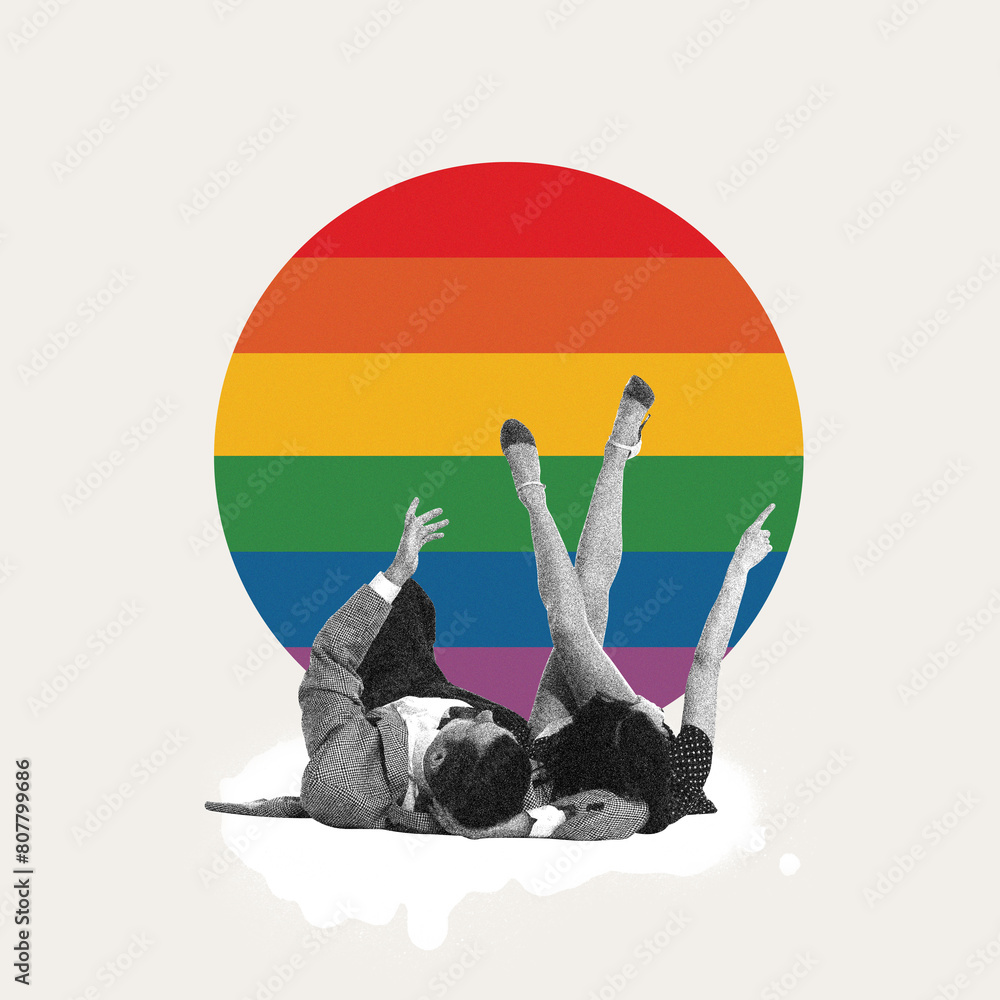 © master1305 - Monochrome image of man and woman lying and looking upwards against rainbow color circle elements. Contemporary art collage. Concept of LGBT, equality, pride month, support, love, human rights, event © master1305 - Monochrome image of man and woman lying and looking upwards against rainbow color circle elements. Contemporary art collage. Concept of LGBT, equality, pride month, support, love, human rights, event