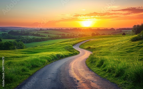 A road winds through a vibrant green field