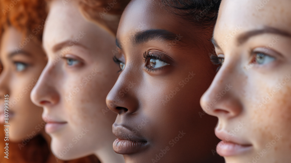 Profile photo of women faces of different races. Close up, banner. Feminism concept Profile photo of women faces of different races. Close up, banner. Feminism concept