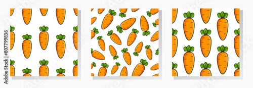 Cartoon carrot vector seamless patterns collection. Stylized orange vegetable with green leaves and black outline on white background.