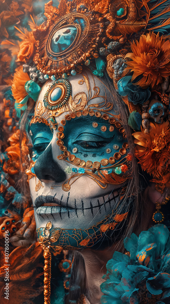 Portrait of a young woman celebrating the day of the dead at bar