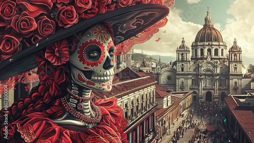 Abstract Art of a woman wearing beautiful Day of the Dead costumes and skull makeup