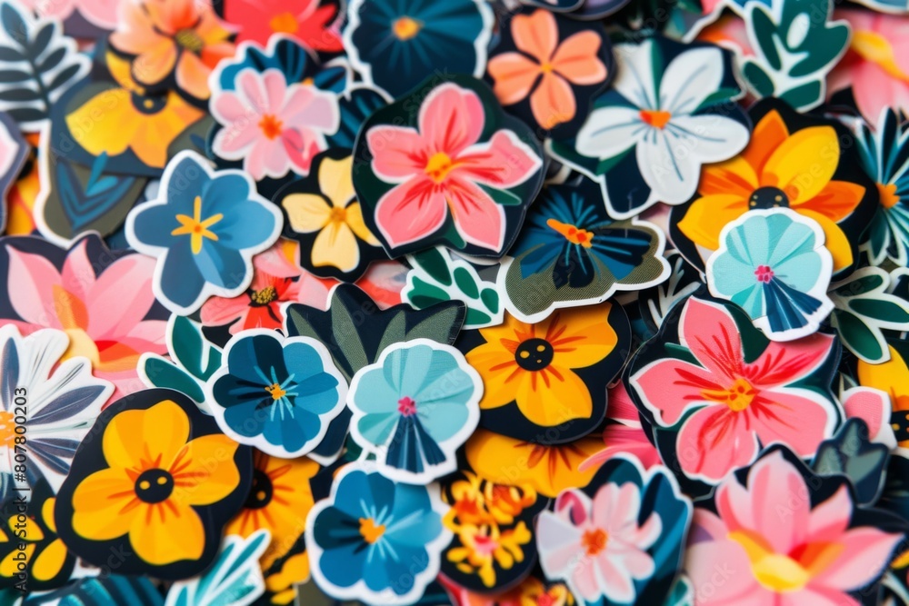 Brightly colored flowers stickers  are scattered on a table top