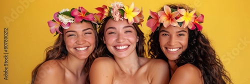 three girls in wreaths on a yellow background photo