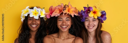 three girls in wreaths on a yellow background photo