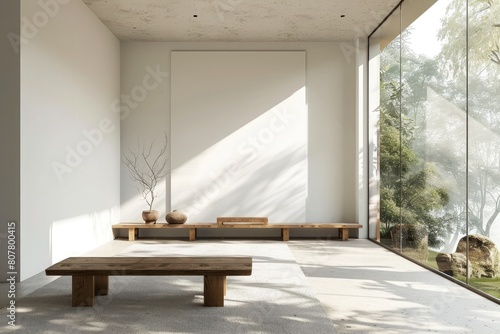 Interior of modern living room with concrete walls  concrete floor  panoramic window and comfortable sofa