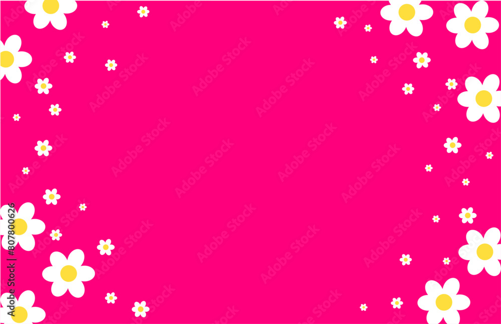 colorful pink summer background with daisies flowers frame