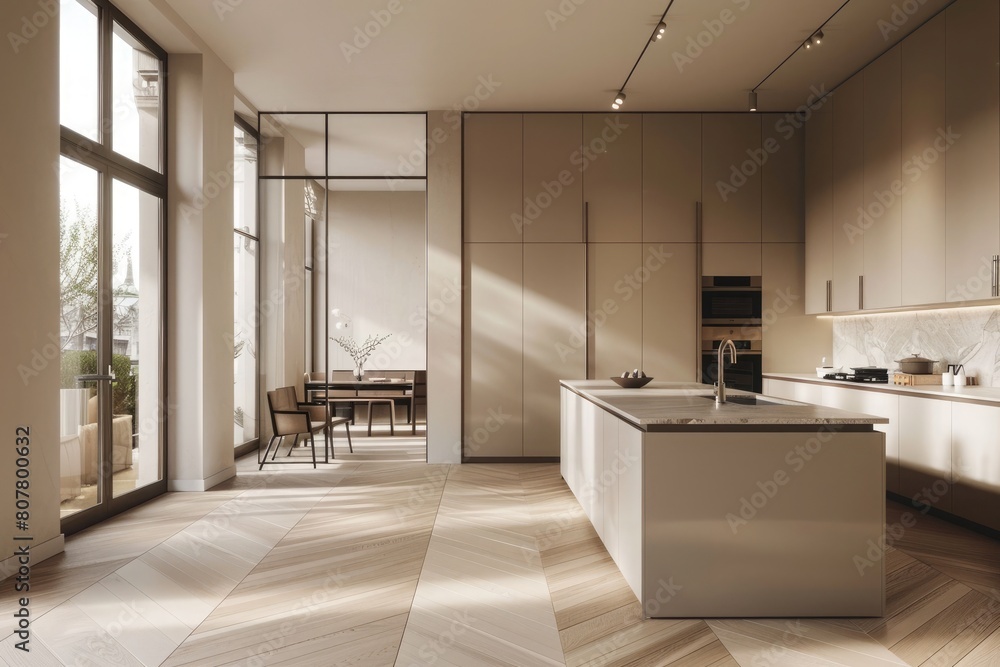interior of modern kitchen with beige walls, tiled floor countertops and built in