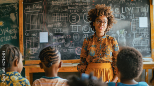 African female teacher standing in front of blackboard while doing math class with little students - School and education concept - Models by AI generative photo