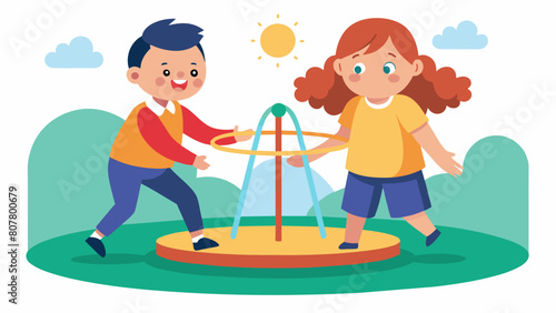 A boy with Down syndrome being pushed on the merrygoround by his ablebodied sister.. Vector illustration