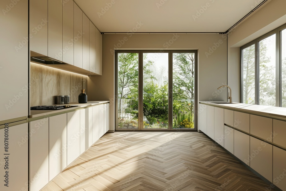 interior of modern kitchen with beige walls, tiled floor countertops and built in