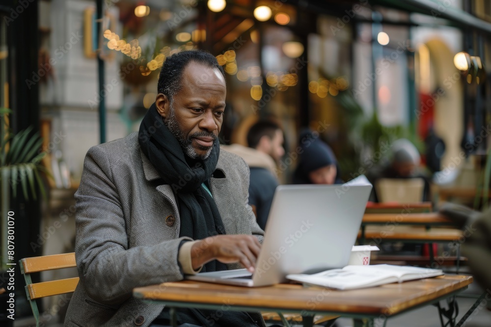 Serious African American businessman working on laptop at outdoor café Serious African American businessman working on laptop at outdoor café
