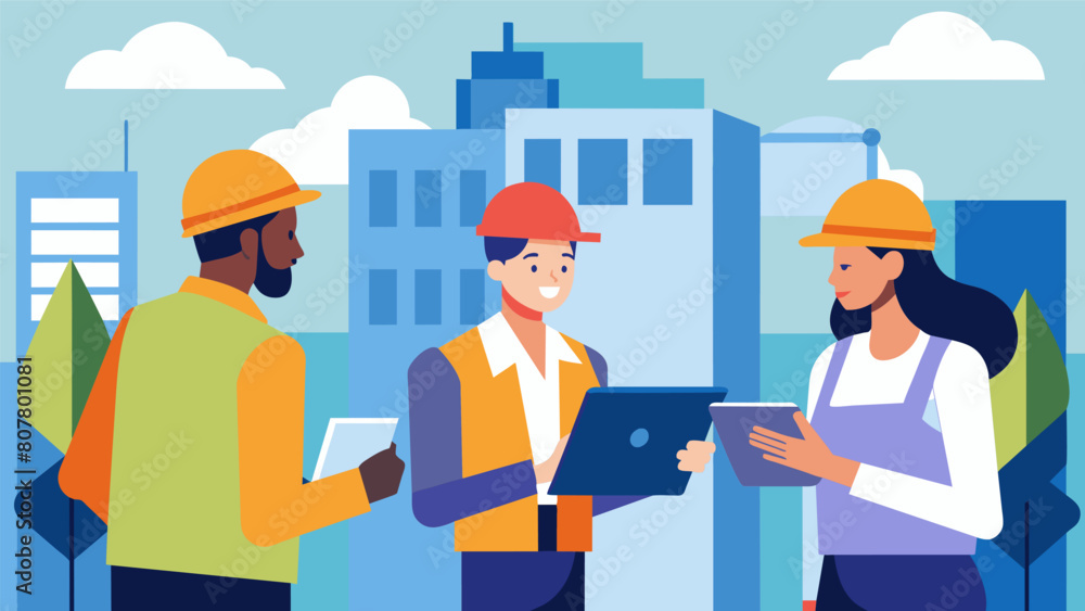 In a temporary office set up on a construction site a team of engineers review the 3D model of a new office building on their tablets discussing. Vector illustration In a temporary office set up on a construction site a team of engineers review the 3D model of a new office building on their tablets discussing. Vector illustration