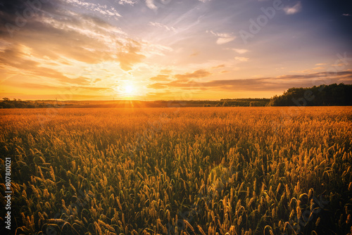 Sunset or sunrise in a rye or wheat field with a dramatic cloudy sky in a summer. Summertime landscape. Agricultural fields. Aesthetics of vintage film.