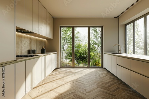 interior of modern kitchen with beige walls  tiled floor countertops and built in