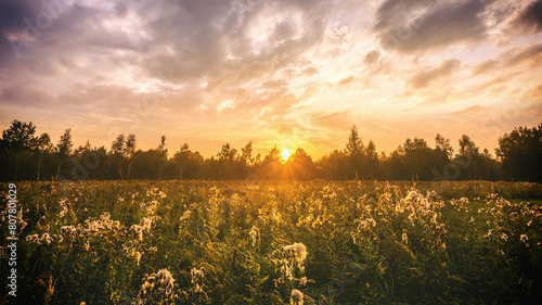 Sunrise on a field covered with wild flowers in summer season with fog and trees with a cloudy sky in morning. Vintage film aesthetic.