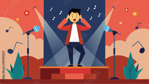 A performer on stage their anxiety levels skyrocketing as the giant anxiety amplifier turns every note and movement into a potential disaster..