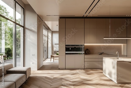 interior of modern kitchen with beige walls, tiled floor countertops and built in