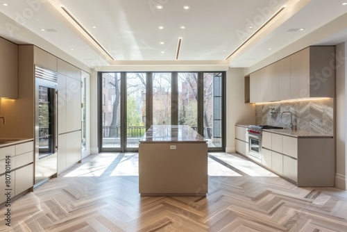 interior of modern kitchen with beige walls, tiled floor countertops and built in