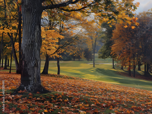 In the rainy autumn afternoon  the golf course is a stunning display of dark tree trunks contrasting with orange and yellow leaves  and reddish brown grass. A picturesque scene worth savoring.