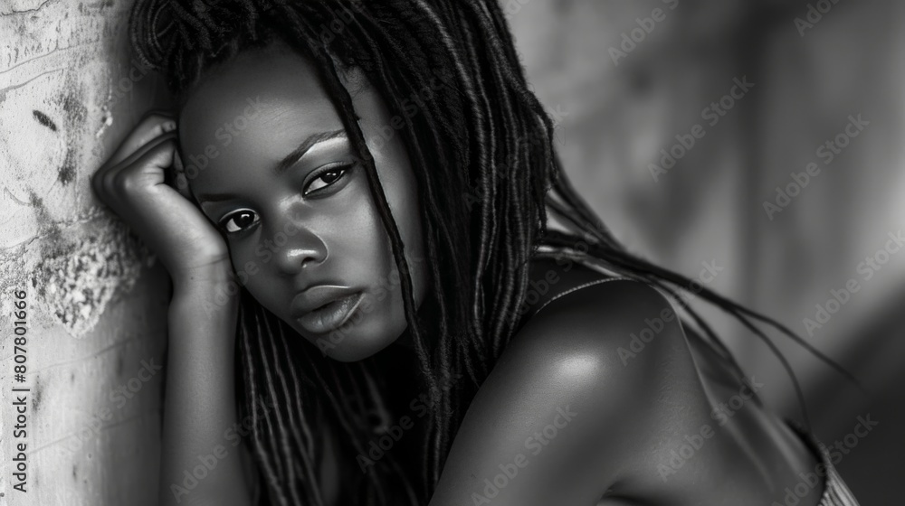 black and white portrait of an African American woman with dreadlocks black and white portrait of an African American woman with dreadlocks