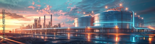 Futuristic design of a massive electrolysis water splitting facility at sunset, featuring glowing hydrogen tanks and advanced technology, in cool blue and silver tones. photo