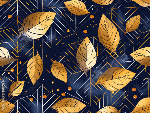 Sophisticated navy blue and gold geometric design featuring fall leaves and rain drops. Perfect for cards, invitations, websites, banners, and brochures. Ideal for headers, covers, pages, and billboar photo