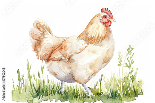 Beautiful watercolor illustration depicting a vibrant, free-range chicken amidst greenery, ideal for organic egg packaging and agricultural design themes photo