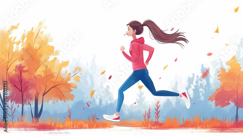 Vector illustration girl runs in city park. Morning running of sportswoman in fresh air. Sports activity and healthy lifestyle concept. Female character doing jogging outdoor. Athlete doing sports and