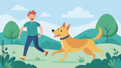 A dog happily frolicking through a field his owner following closely behind both foot and relishing the simplicity and joy of the moment..