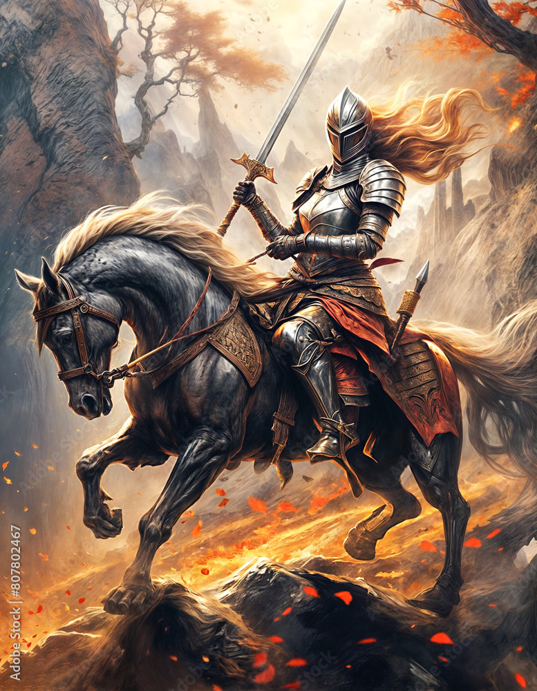 Fototapeta premium A Painting of a Chariot of Steel: Knight Charges with Unflinching Resolve
