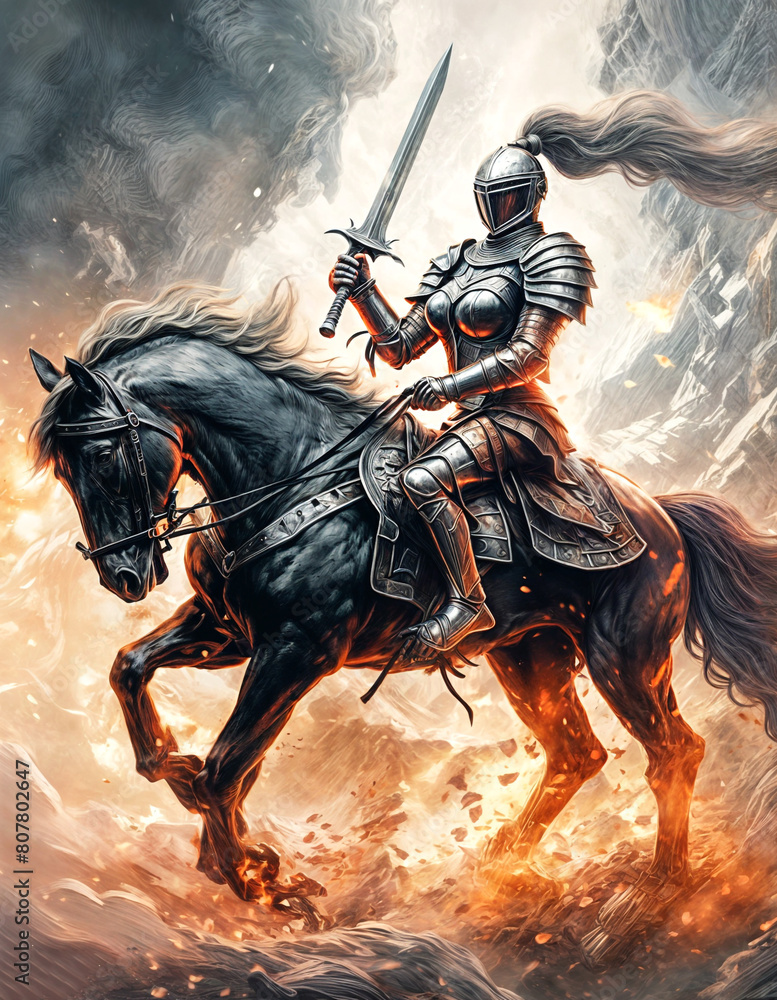 Fototapeta premium A Painting of a Chariot of Steel: Knight Charges with Unflinching Resolve