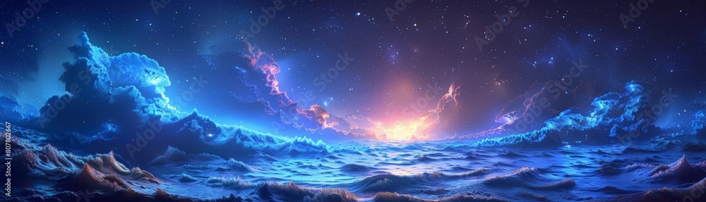 A surreal wall art depicting a cosmic ocean scene with glowing aquatic creatures in deep blues and radiant purples, in highdetail digital art style, suitable for modern home decor
